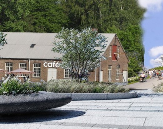 Visuell bild på torget framför Filfabriken i Västra centrum som kan bli en lokal mötesplats.