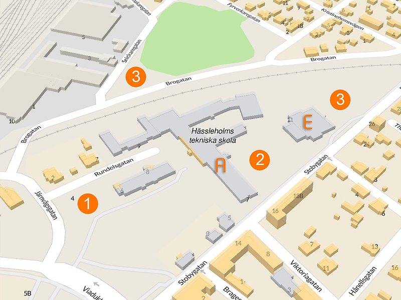 Karta över studentens platser på HTS. Parkering och utspring. Vidare information finns i bildtexten