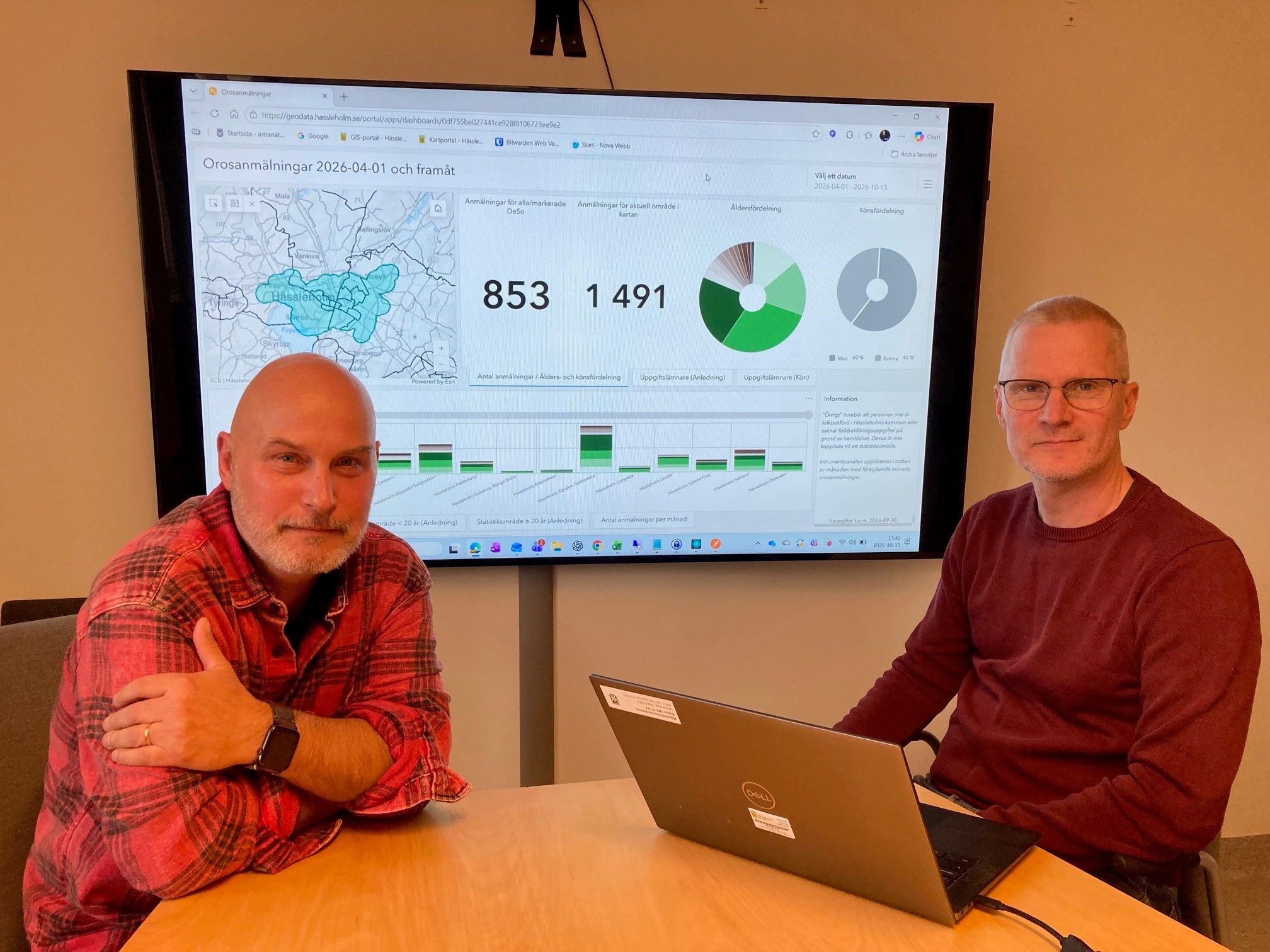Göran Rignell, systemförvaltare på socialförvaltningen, och Jan Elofsson, GIS-ingenjör, framför en bild som visar det nya kartverktyget.