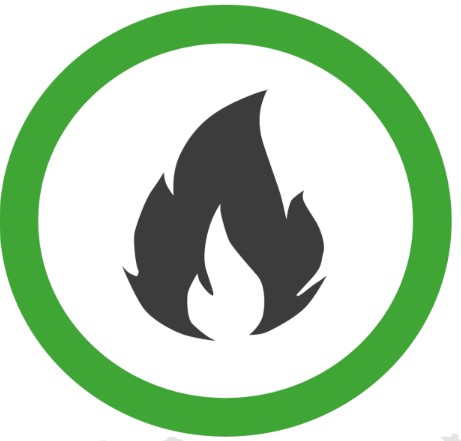 en svart eldflamma i en grön cirkel