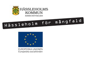 Hässleholms kommuns gamla logotyp, EU-flaggan och vit text på svart remsa: Hässleholm för mångfald.