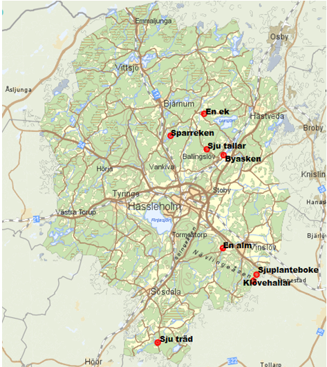 Karta över naturminnen i Hässleholms kommun