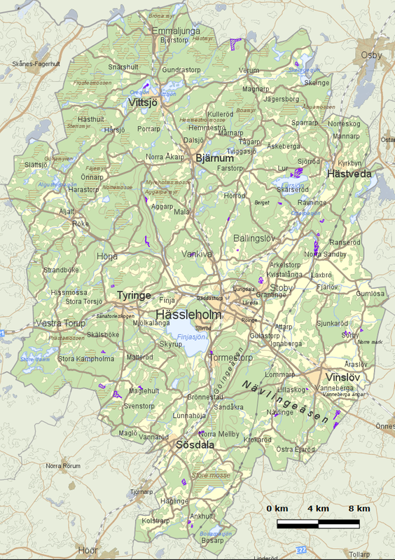 Karta över områden med naturvårdsavtal i Hässleholms kommun