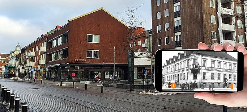 Be here then en bild på en mobiltelefon som visar hur en byggnad såg ut på 1950-talet. 