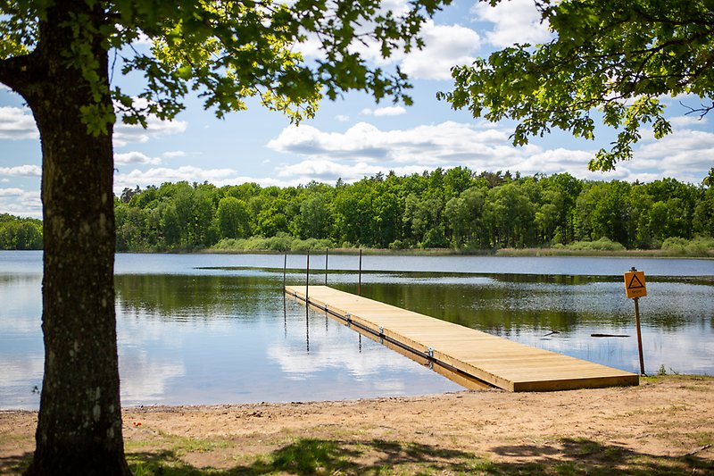 Ett foto som visar en liten strand och en badbrygga ut i en sjö en solig sommardag.