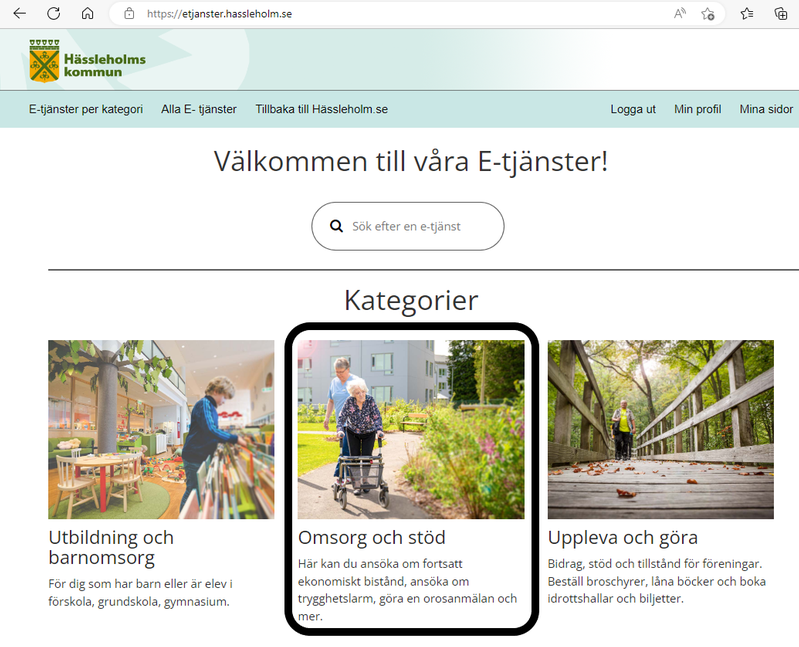 Bild på Hässleholms kommunens hemsida för e-tjänster